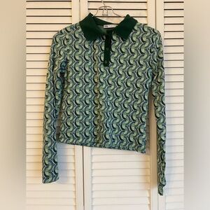 Womens Polo Knot Long Sleeve Shirt Geometric Green Retro Mod St Patrick’s Small